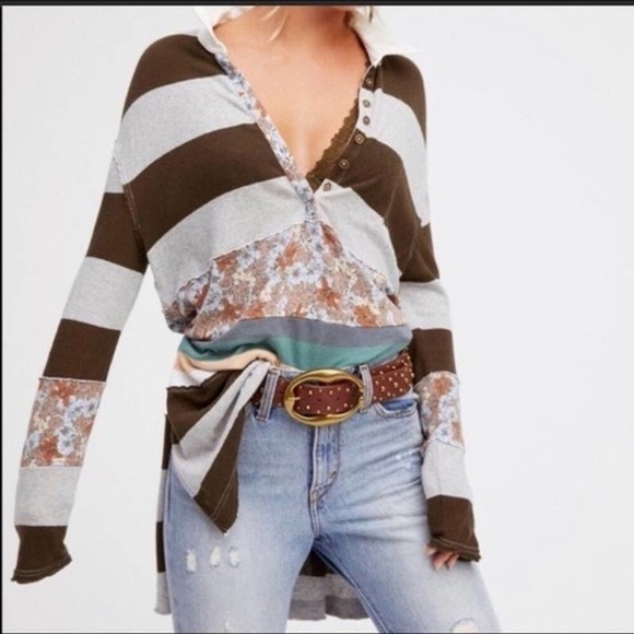 We The Free Tops - We The Free Striped Rugby Long Sleeve Floral Collared Button Up Women Shirt